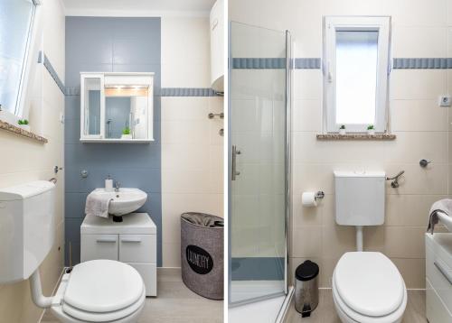 プーラにあるApartman Sunny Lenaのバスルーム(トイレ、洗面台付)の写真2枚