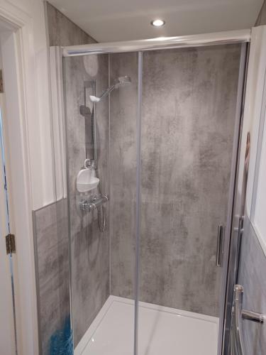 a shower with a glass door in a bathroom at Craiglea Thistle in Killin
