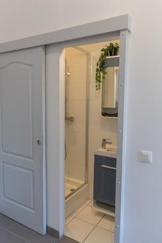 une salle de bain avec douche et lavabo dans l'établissement La Terrazza, central et confort, à Marseille