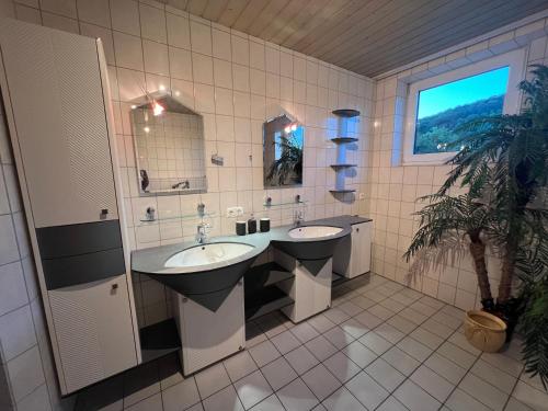 a bathroom with two sinks and a potted plant at Lichtdurchflutete 130qm Wohnung in Weißenohe