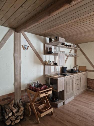 a kitchen in an attic with a wooden ceiling at Villa Oši in Roja