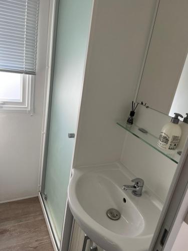 La salle de bains est pourvue d'un lavabo blanc et d'une douche. dans l'établissement Mobile home camping, au Grau-du-Roi