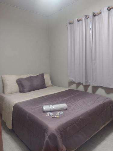 a bedroom with a large bed with purple sheets and curtains at Pousada e Alojamento Recanto São José hospedagem econômica em Rio Verde in Rio Verde