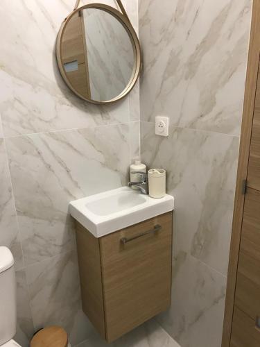 une salle de bain avec un lavabo et un miroir dans l'établissement Appartement 1 minute de la promenade des Anglais, à Nice