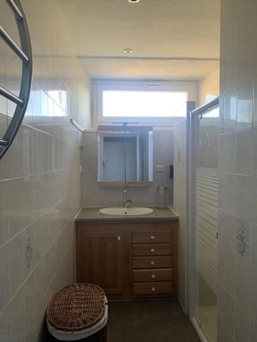 une salle de bain avec un lavabo et un miroir dans l'établissement Gîte de vacances 12 couchages plus 2 lits bébés, à La Chaze-de-Peyre