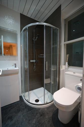 a bathroom with a shower and a toilet and a sink at Doune Guest House in St Andrews