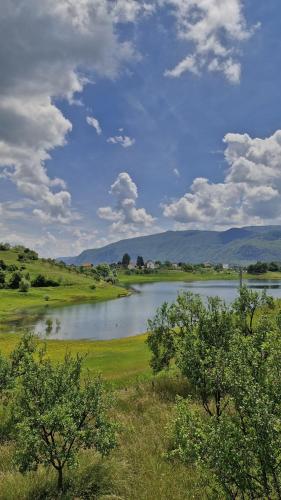 a river in a field with trees in the foreground at Autokamp OAZA MIRA RAMA in Ripci