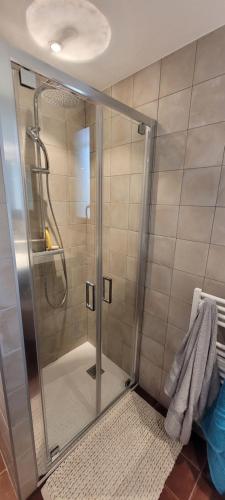 une douche avec une porte vitrée dans une salle de bain dans l'établissement Maison au calme, proche Chambéry, à Vimines