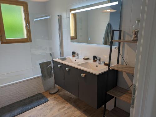 une salle de bain avec un lavabo et un miroir dans l'établissement Jolie maison landaise tout confort, à Lugos