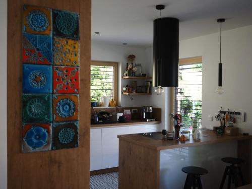 a kitchen with a colorful glass panel on the door at Hiša Eva in Bizovik