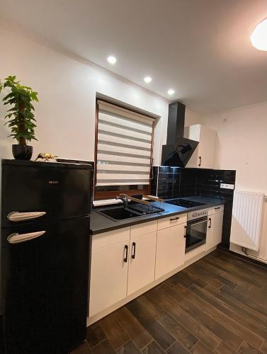 a kitchen with a black refrigerator and a sink at Herzhafte Ferienwohnung in privater Lage in Delmenhorst
