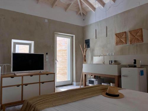 a bedroom with a bed and a desk with a television at Synoikies by Oikieskiathos in Skiathos