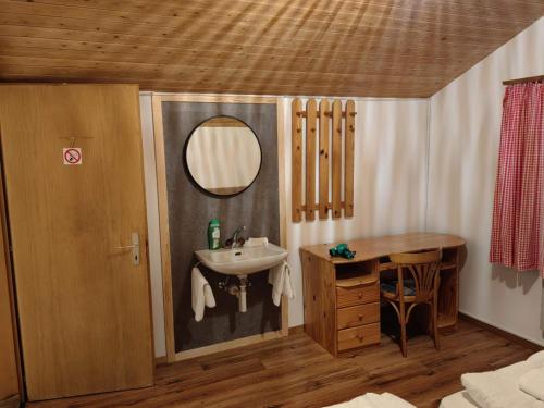 a small bathroom with a sink and a mirror at Hotel Wildbach Brienz in Brienz