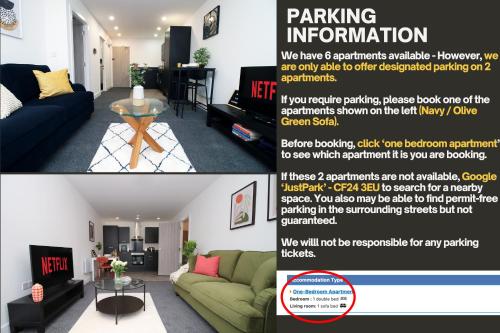 a flyer for a living room with a couch and a table at New Modern 1 Bedroom Apartments - Prime Location - By EKLIVING LUXE Short Lets & Serviced Accommodation - Cardiff in Cardiff