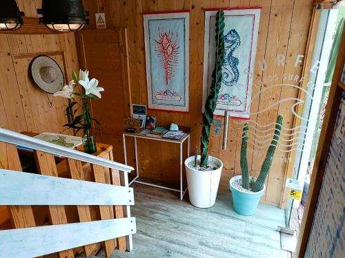 a room with two potted plants on a wooden wall at La Surfería Suances in Suances