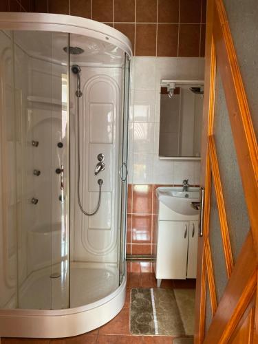 La salle de bains est pourvue d'une douche et d'un lavabo. dans l'établissement Pensiunea Răzvan, à Gura Rîului