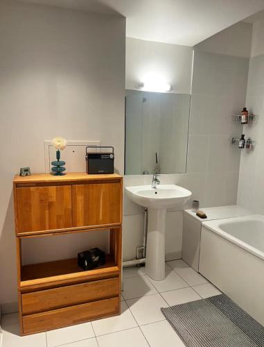 La salle de bains est pourvue d'un lavabo et d'une baignoire à côté d'un lavabo. dans l'établissement Appartement Cosy Pantin, à Pantin