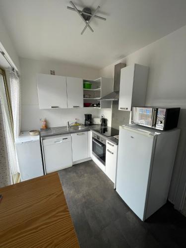 Il dispose d'une cuisine équipée d'appareils électroménagers blancs et d'un ventilateur de plafond. dans l'établissement VOLTA, à Bastia