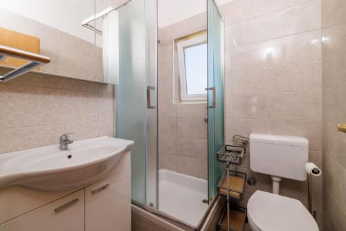 uma casa de banho com um lavatório, um WC e um chuveiro em Apartments Darko by the sea em Supetarska Draga