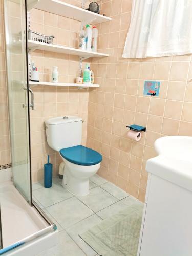 La salle de bains est pourvue de toilettes avec un couvercle bleu. dans l'établissement Rez de villa au calme proche de la plage, à Fréjus