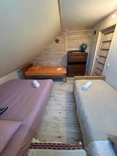 a small room with two beds in a attic at Agroturystyka u Basi i Waldka in Zelwa