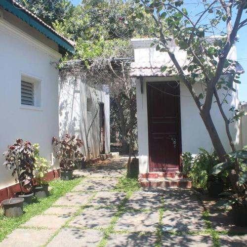 a white house with a red door and a tree at Hertiage Blue Vila in Mahabalipuram