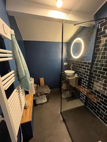 une petite salle de bain avec un lavabo et un miroir dans l'établissement Superbe maison entre lac et océan à Lacanau, à Lacanau