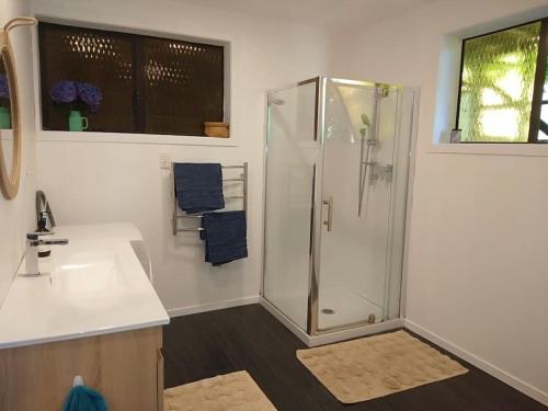 a bathroom with a shower and a sink at Bay and Karioi view in town in Raglan