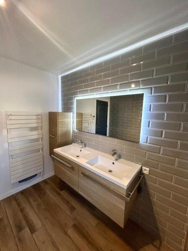 une salle de bain avec un lavabo et un miroir dans l'établissement Bas de villa avec piscine privé - calme, à La Seyne-sur-Mer