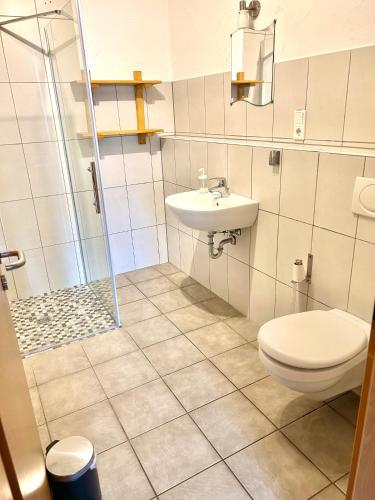 a bathroom with a toilet and a sink and a shower at Weser-Aktivhotel-Corvey in Höxter
