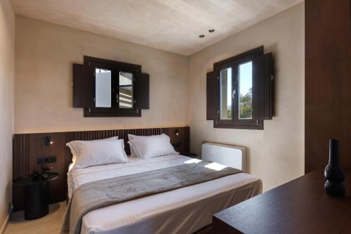 a bedroom with a large bed and two windows at Hidden Hills in Mesaria