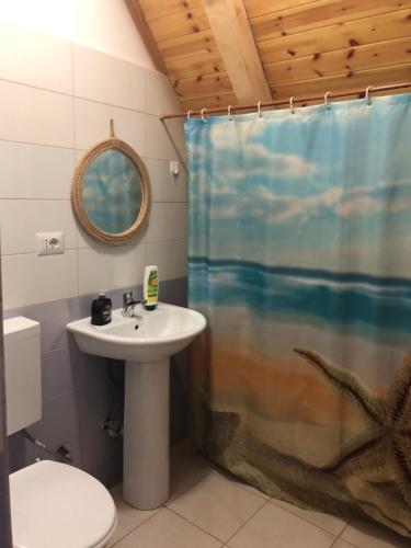 a bathroom with a sink and a shower curtain at Cold Springs in Theth