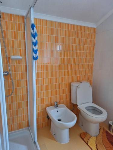 an orange tiled bathroom with a toilet and a shower at Ferienwohnung Meerblick Atalaia in Lourinhã