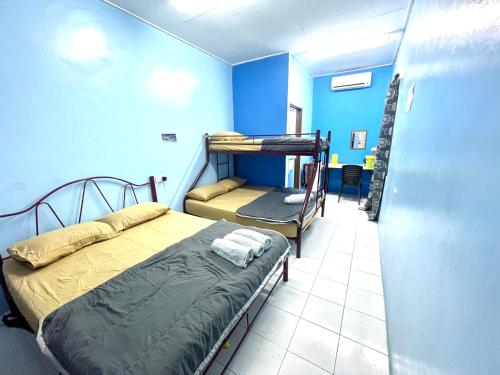 sypialnia z 2 łóżkami piętrowymi i niebieską ścianą w obiekcie Memory Lane Tioman w mieście Tioman