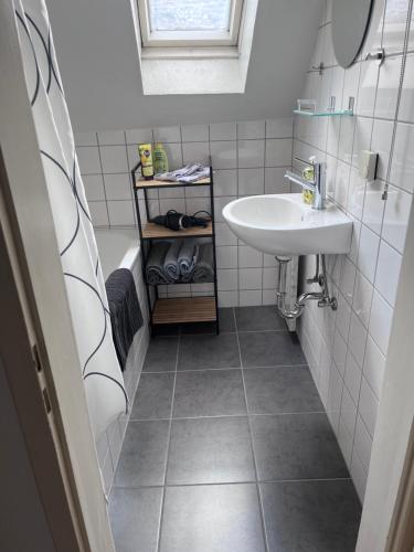 a small bathroom with a sink and a white sink at 9ter Riese Dachgeschoss-Fewo in Miltenberg