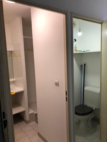 La salle de bains est pourvue de toilettes et d'une porte ouverte. dans l'établissement Très beau studio près du centre ville, à Nîmes