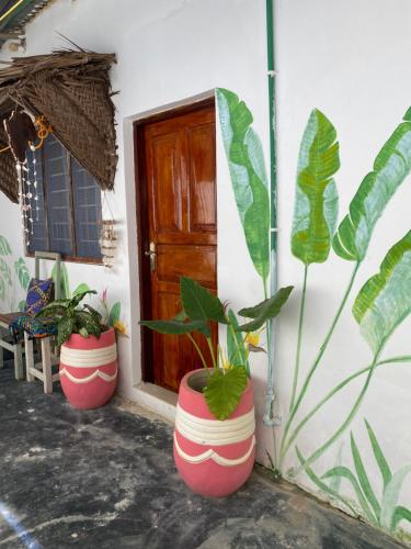 two potted plants sitting in front of a door at FURAHA BEACH ROOMS in Kendwa