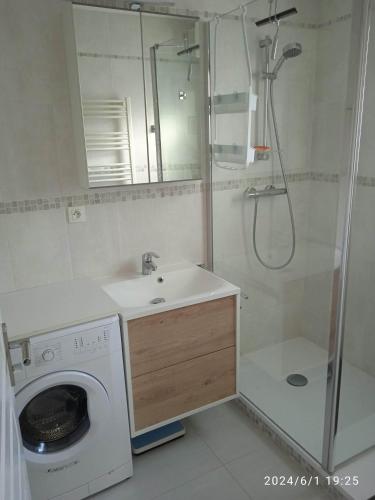 La salle de bains est pourvue d'un lave-linge et d'une douche. dans l'établissement Joli T2 Socoa Urrugne 900m de la mer, à Urrugne