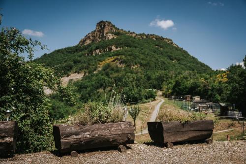 a mountain with a dirt road in the background at Agricampeggio Cà di Mazza in Monzuno