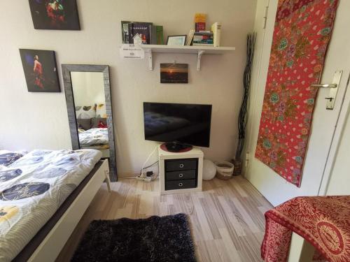een slaapkamer met een bed, een spiegel en een televisie bij Cosy Room in Our Apartment in Berlijn