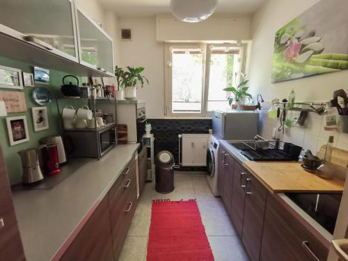 une cuisine avec un comptoir et un tapis rouge dans l'établissement Cosy Room in Our Apartment, à Berlin