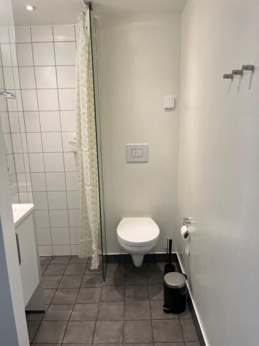 ein Badezimmer mit Toilette und Dusche in der Unterkunft Casa House of bricks 3 - LEGO HOUSE 300 meters - Town center 200 meters in Billund