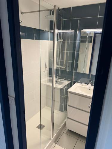 une salle de bain avec une douche en verre et un lavabo dans l'établissement Studio avec vue sur Lac, à Talmont-Saint-Hilaire