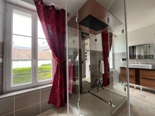 a bathroom with a glass shower with red curtains at La Suite Love de l Écu in Villeneuve-sur-Yonne
