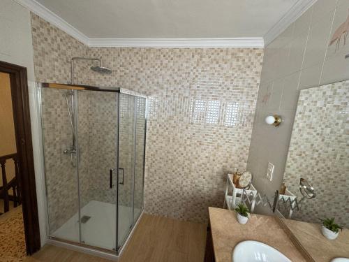 a bathroom with a shower and a sink at Casa Flamenco - Casco Antiguo in Antequera