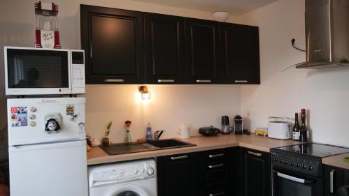 - une cuisine avec des armoires noires et un réfrigérateur blanc dans l'établissement Appartement cosy avec terrasse, 2 chambres, à Noisy-le-Sec