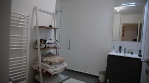 La salle de bains est pourvue d'une douche, d'un lavabo et de serviettes. dans l'établissement Appartement cosy avec terrasse, 2 chambres, à Noisy-le-Sec