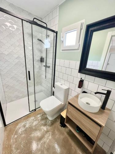 a bathroom with a toilet and a sink and a shower at Los tucanes in Haro