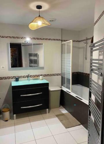 une salle de bain avec un lavabo, une baignoire et un miroir dans l'établissement Appartement de kiki, à Éloyes