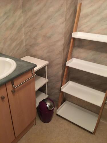 La salle de bains est pourvue d'un lavabo et d'une étagère. dans l'établissement APPARTEMENT IDEAL FAMILLE, à La Rochelle